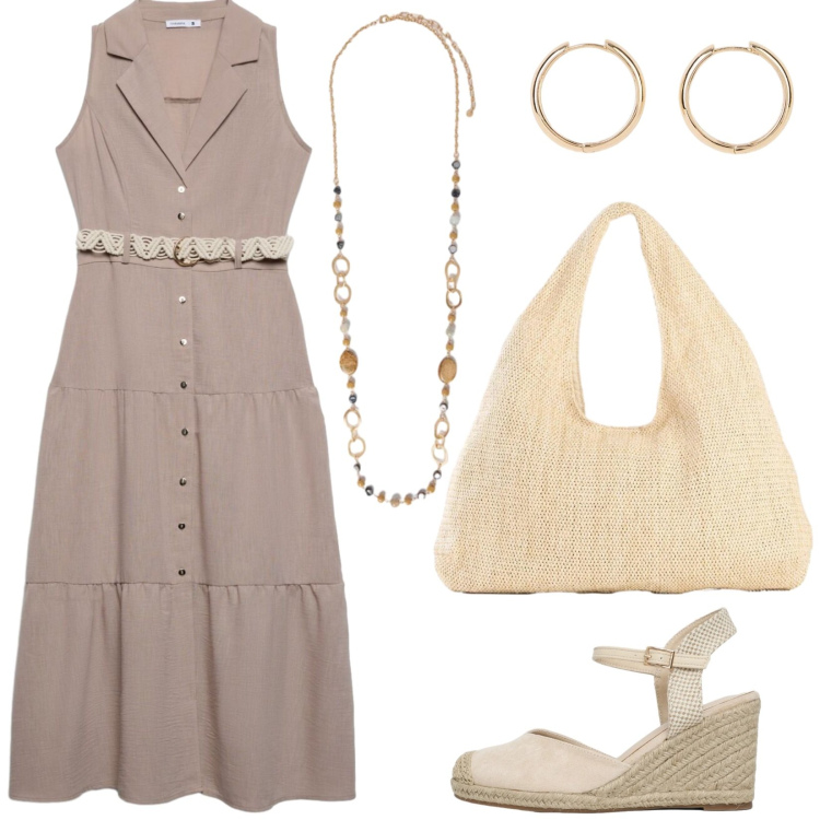 Outfit donna - Colori naturali per il fresco scamiciato. Stile Romantica per Tutti i giorni. Abbinamento con shopping bag, orecchini, vestiti chemisier, zeppe, collane.