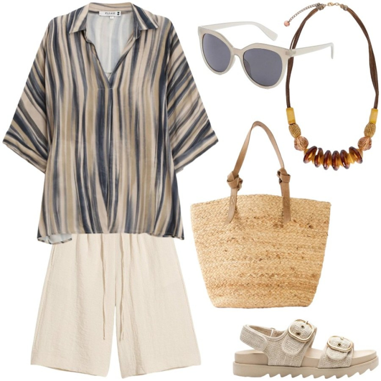 Outfit donna - Vacanze rilassanti. Stile Casual chic per Tutti i giorni. Abbinamento con bermuda, shopping bag, sandali, occhiali da sole, camicie, collane.