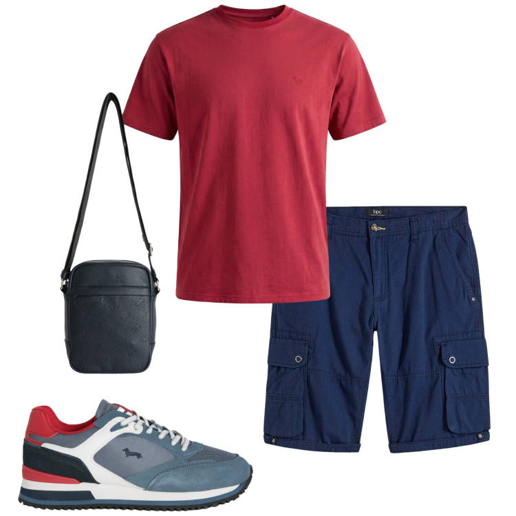Outfit uomo - Vacanza wild. Stile Casual per Tutti i giorni. Abbinamento con bermuda, t-shirt, borse sportive, sneakers.