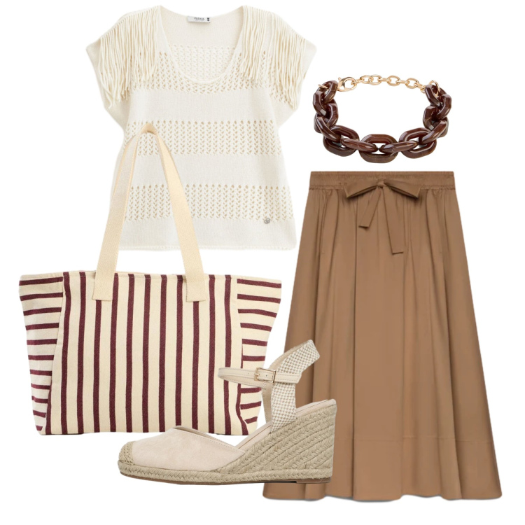 Outfit donna - Agosto. Stile Trendy per Tutti i giorni. Abbinamento con braccialetti, shopping bag, zeppe, top, gonne lunghe.