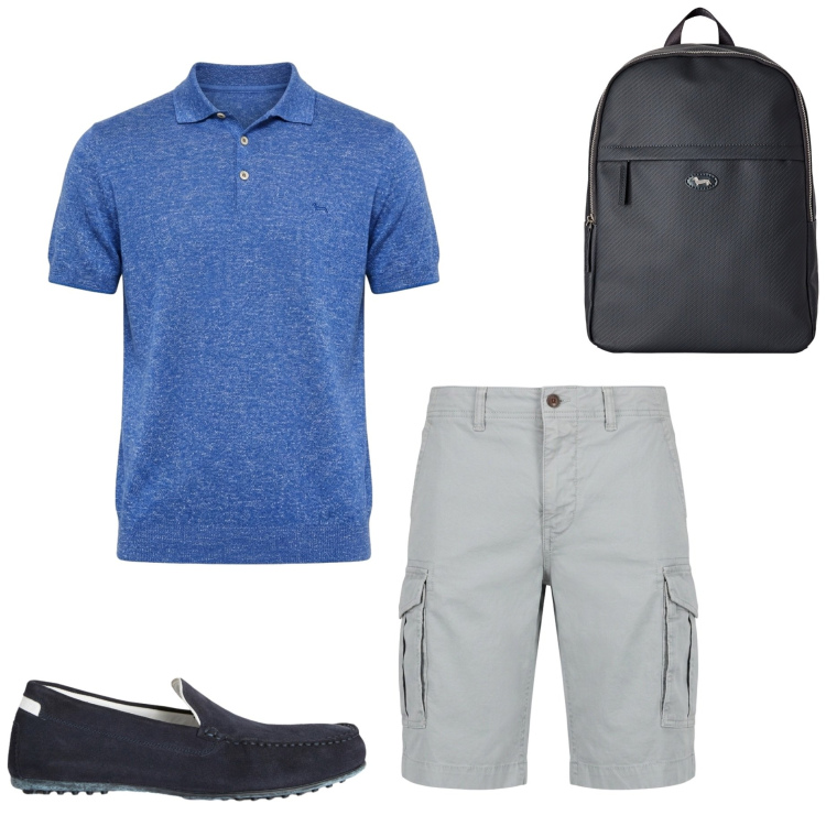Outfit uomo - Vacanza wild. Stile Casual per Tutti i giorni. Abbinamento con scarpe stringate, bermuda, polo, borse sportive.