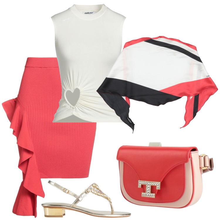 Outfit donna - La gonna corallo con la rouche. Stile Chic per Serata fuori. Abbinamento con minigonne, top, stole, infradito, marsupi.