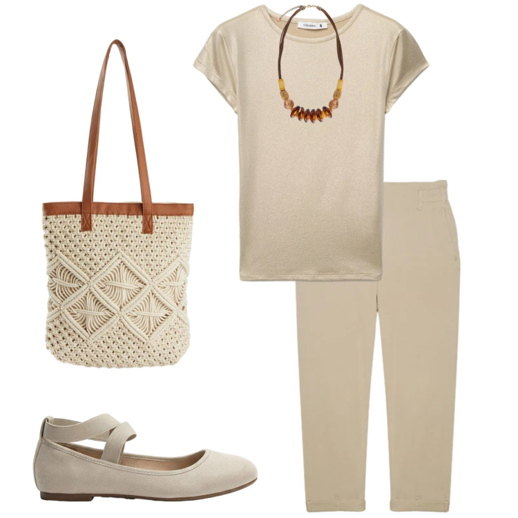 Outfit donna - Naturale in vacanza. Stile Casual chic per Tutti i giorni. Abbinamento con ballerine, shopping bag, t-shirt, pantaloni, collane.