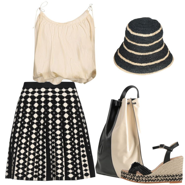 Outfit donna - Effetto optical per il weekend. Stile Trendy per Serata fuori. Abbinamento con minigonne, zaini, top, espadrillas, cappelli con visiera.