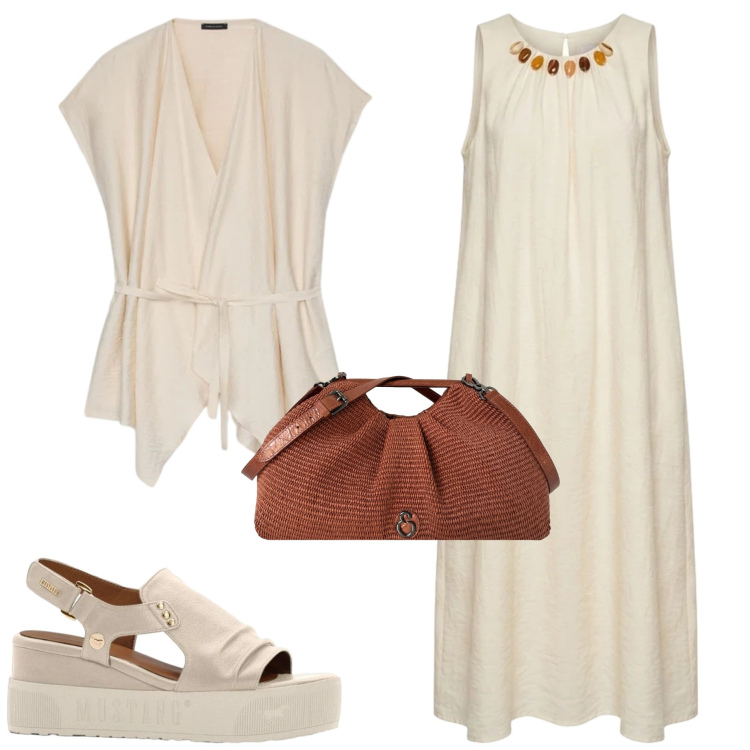 Outfit donna - Naturale in vacanza. Stile Casual chic per Tutti i giorni. Abbinamento con sandali, caftani, clutch, vestiti midi/longuette.