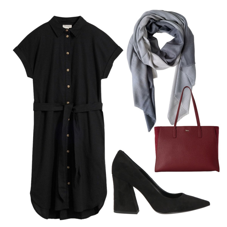 Outfit donna - Ufficio agosto. Stile Minimal per Ufficio. Abbinamento con décolleté, vestiti chemisier, shopping bag, foulard.