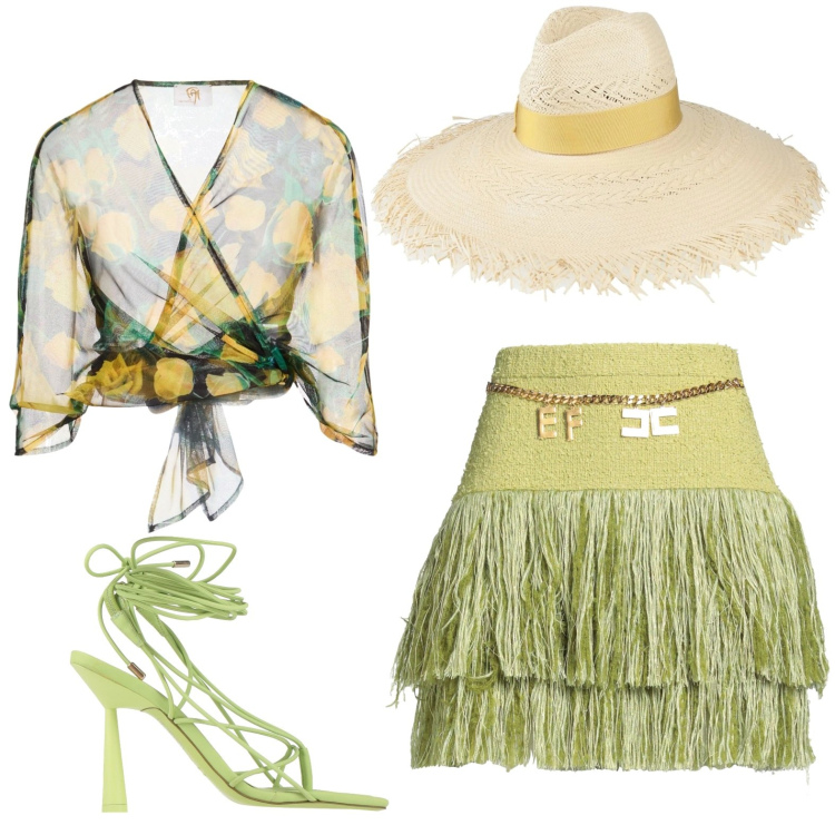 Outfit donna - Hawaiian beach party!. Stile Etnico per Mare. Abbinamento con ciabatte, top, minigonne, cappelli.
