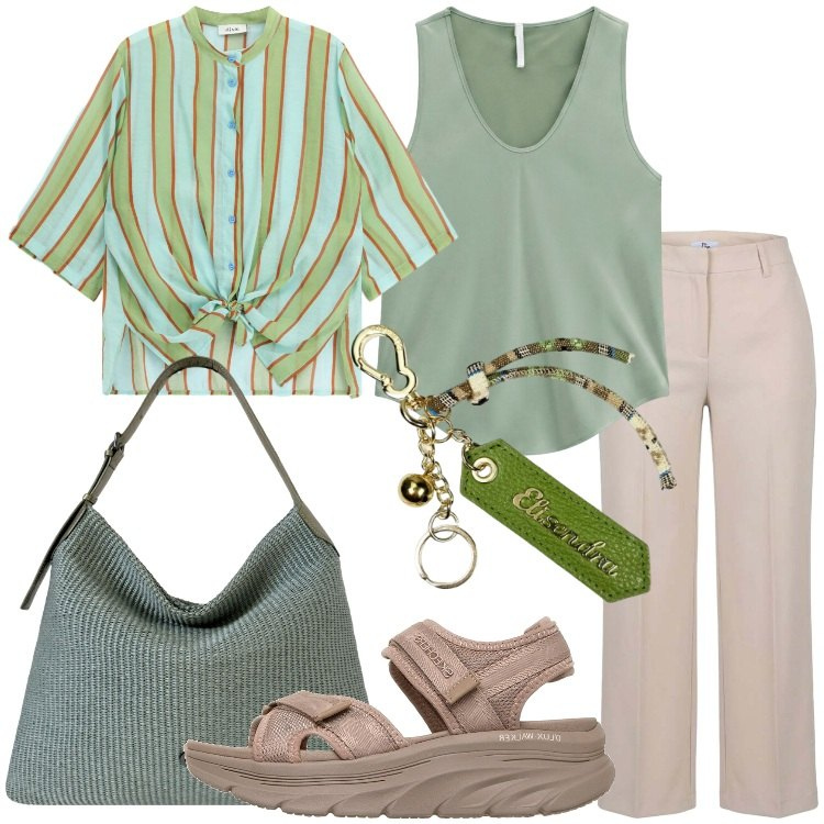 Outfit donna - Metropolitan Escape. Stile Basic per Tutti i giorni. Abbinamento con canottiere, camicie, pantaloni a palazzo, borse a spalla, portachiavi, sandali.