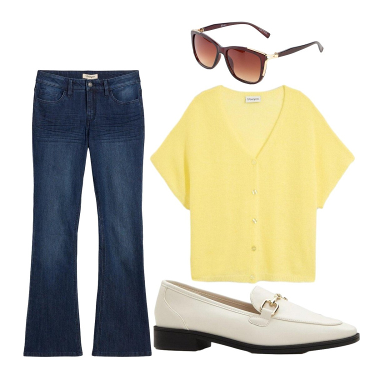 Outfit donna - Domani in ufficio mi vesto cosi. Stile Urban per Ufficio. Abbinamento con jeans bootcut, cardigans, mocassini, occhiali da sole.