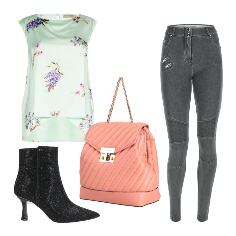 Outfit donna - Delicata e luminosa. Stile Romantica per Tutti i giorni. Abbinamento con zaini, stivaletti, jeans skinny, top.