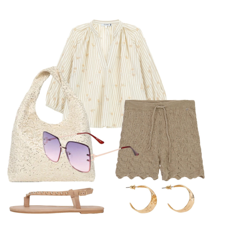Outfit donna - Agosto. Stile Casual chic per Tutti i giorni. Abbinamento con occhiali da sole, orecchini, borse a spalla, ciabatte, shorts, bluse.