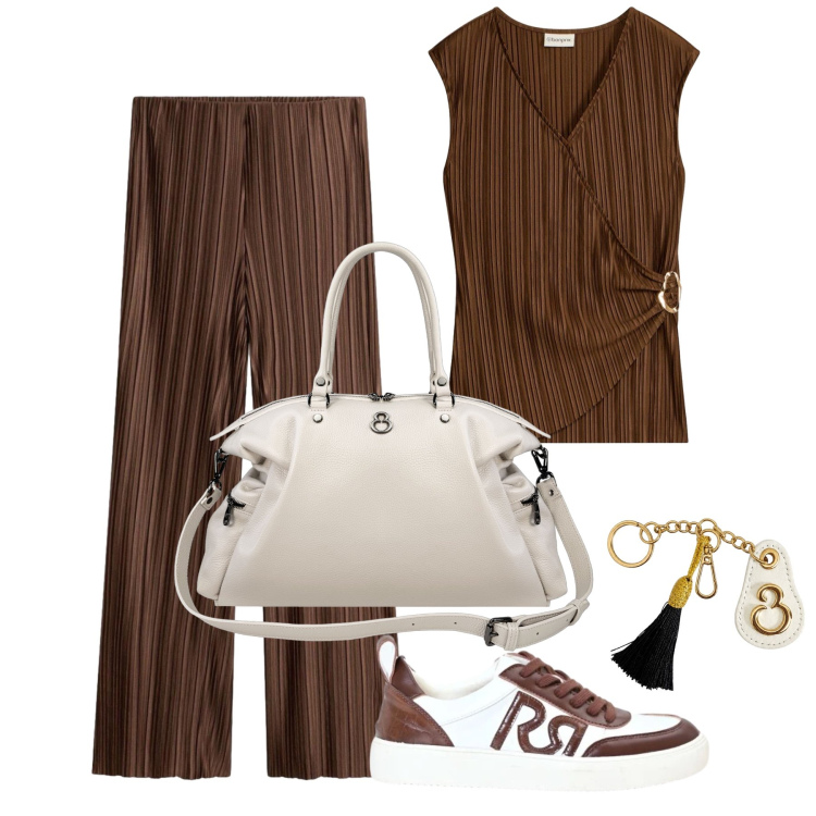 Outfit donna - Agosto. Stile Trendy per Tutti i giorni. Abbinamento con pantaloni a palazzo, canottiere, sneakers, shopping bag, portachiavi.