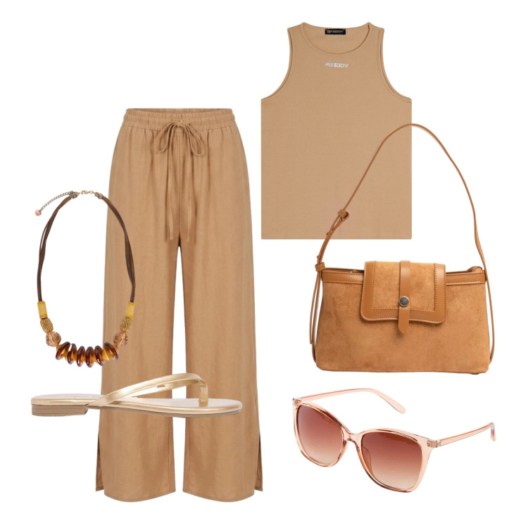 Outfit donna - Agosto. Stile Casual per Tutti i giorni. Abbinamento con occhiali da sole, sandali, collane, pantaloni, borse a tracolla, canottiere.