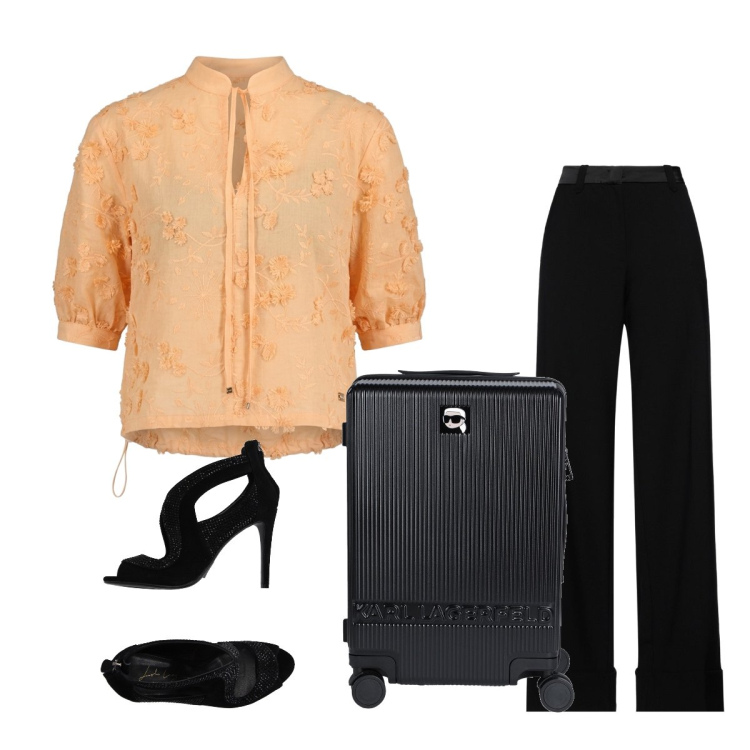 Outfit donna - Agosto. Stile Romantica per Tutti i giorni. Abbinamento con sandali in pelle, pantaloni, valigie, bluse.