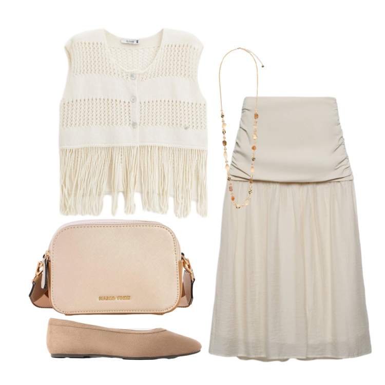 Outfit donna - Agosto. Stile Basic per Tutti i giorni. Abbinamento con borse a tracolla, ballerine, gonne longuette, top, collane.
