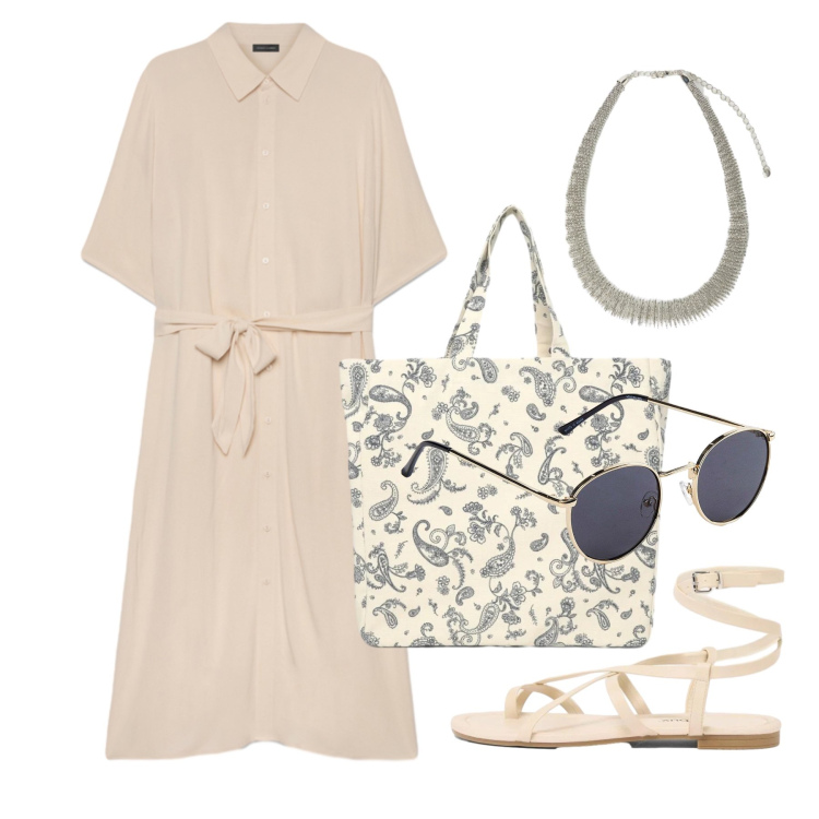 Outfit donna - Agosto. Stile Casual chic per Tutti i giorni. Abbinamento con occhiali da sole, sandali, shopping bag, vestiti chemisier, collane.