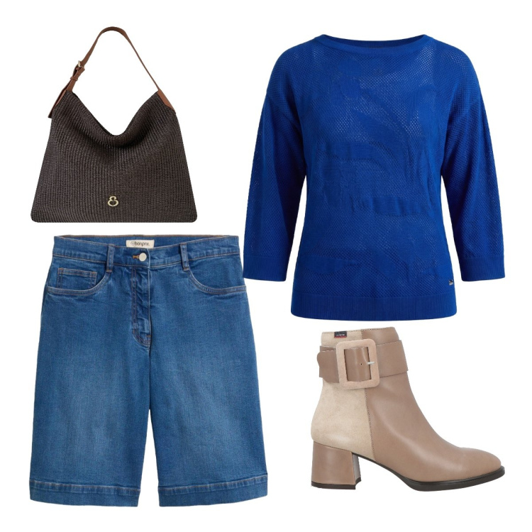 Outfit donna - Agosto. Stile Trendy per Serata fuori. Abbinamento con stivaletti, bermuda, maglieria, borse a spalla.