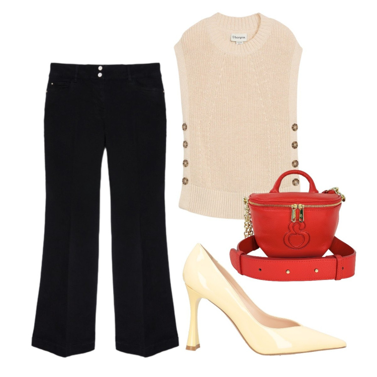 Outfit donna - Jeans curvy. Stile Trendy per Serata fuori. Abbinamento con décolleté, maglieria, jeans, borse a tracolla.