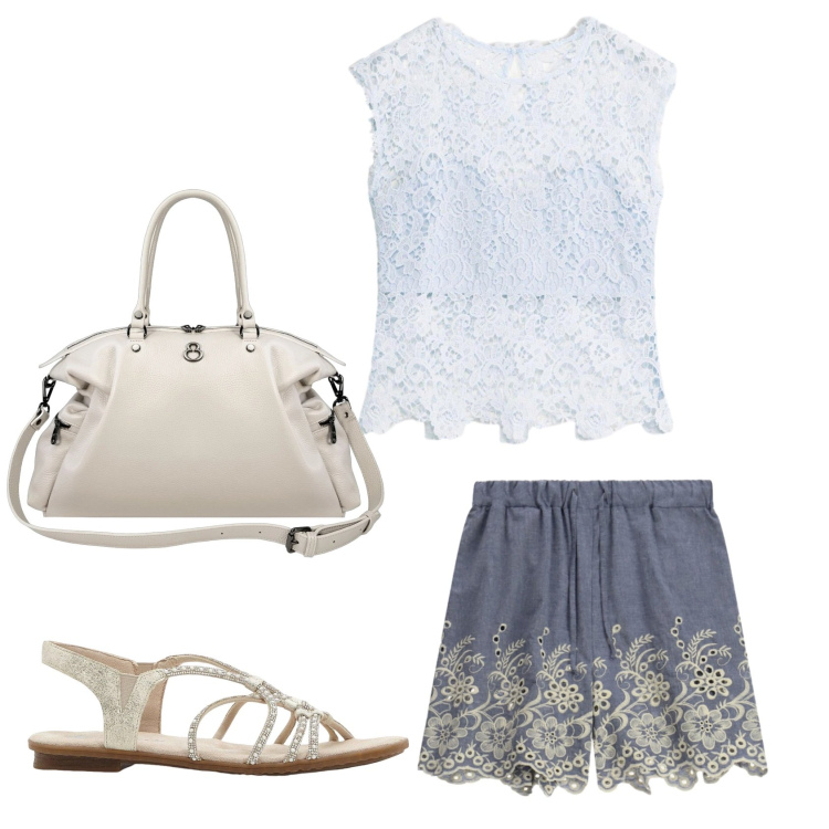 Outfit donna - Pizzo. Stile Casual chic per Serata fuori. Abbinamento con canottiere, sandali, shorts, shopping bag.