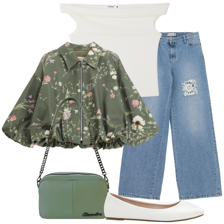Outfit donna - Uno scollo elegante. Stile Romantica per Tutti i giorni. Abbinamento con ballerine, top, bomber, tute, borse a tracolla.