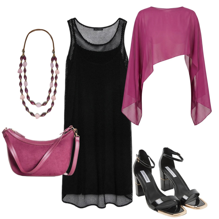 Outfit donna - Cena lungomare. Stile Chic per Serata fuori. Abbinamento con borse a tracolla, sabot, vestiti corti, collane, top.