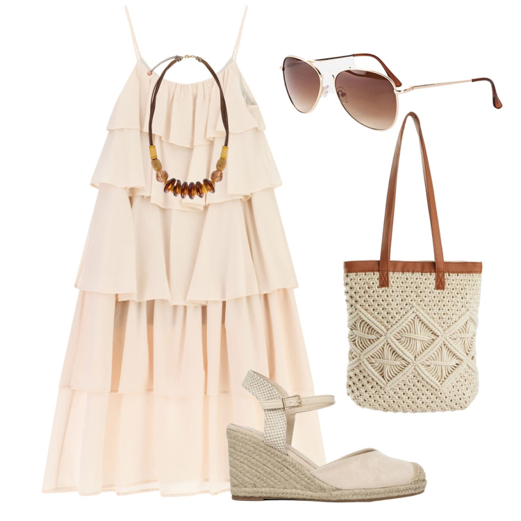 Outfit donna - Lungomare boho - @milena_263004. Stile Boho per Tutti i giorni. Abbinamento con occhiali da sole, shopping bag, zeppe, vestiti lunghi, collane.