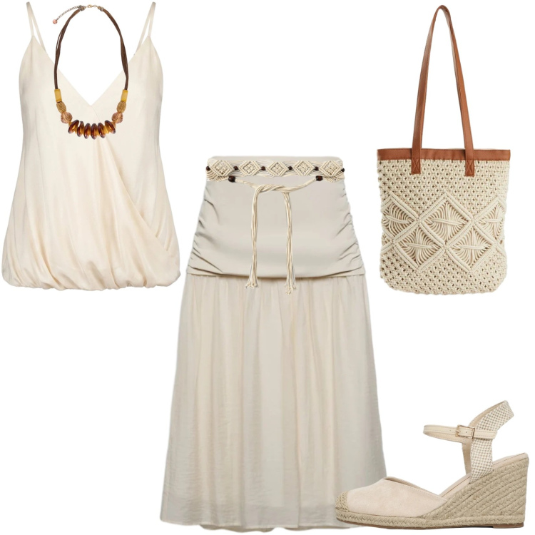 Outfit donna - Borsa e cintura in macramè. Stile Boho per Tutti i giorni. Abbinamento con shopping bag, gonne longuette, zeppe, cinture, collane, top.