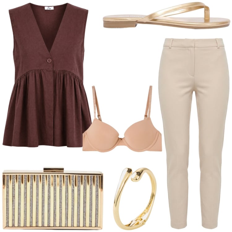 Outfit donna - Mai senza infradito. Stile Chic per Serata fuori. Abbinamento con braccialetti, sandali, reggiseni push-up, gilet, clutch, pantaloni skinny.