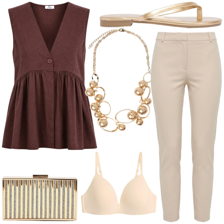 Outfit donna - Mai senza infradito. Stile Chic per Serata fuori. Abbinamento con reggiseni, sandali, gilet, clutch, pantaloni skinny, collane.