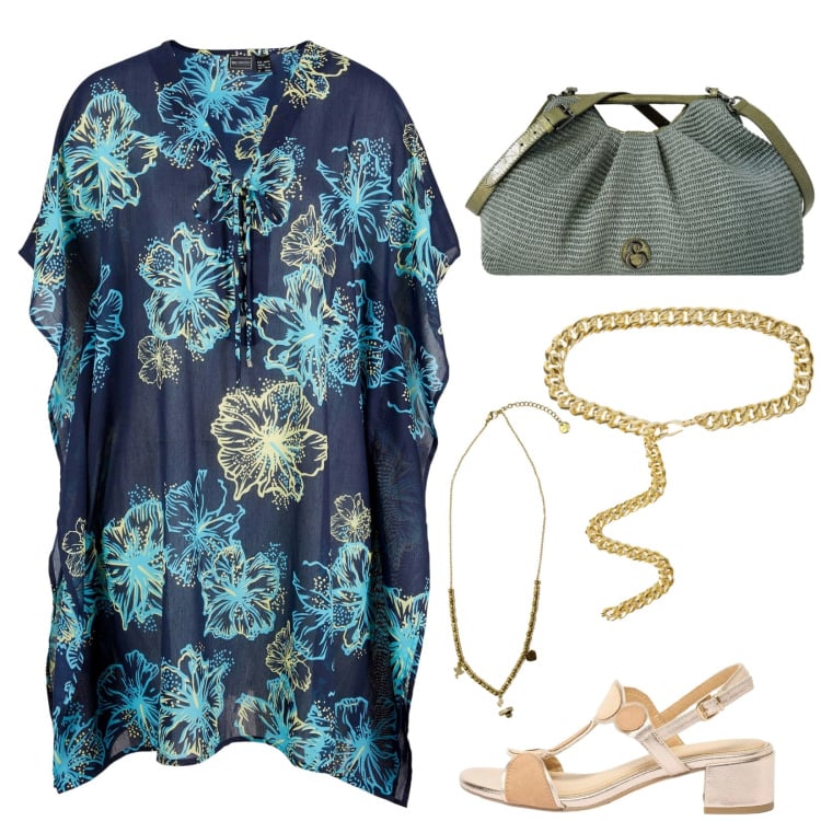 Outfit donna - Il caftano dai colori del mare. Stile Boho per Tutti i giorni. Abbinamento con sandali col tacco, vestiti da spiaggia, cinture, ciondoli, clutch.