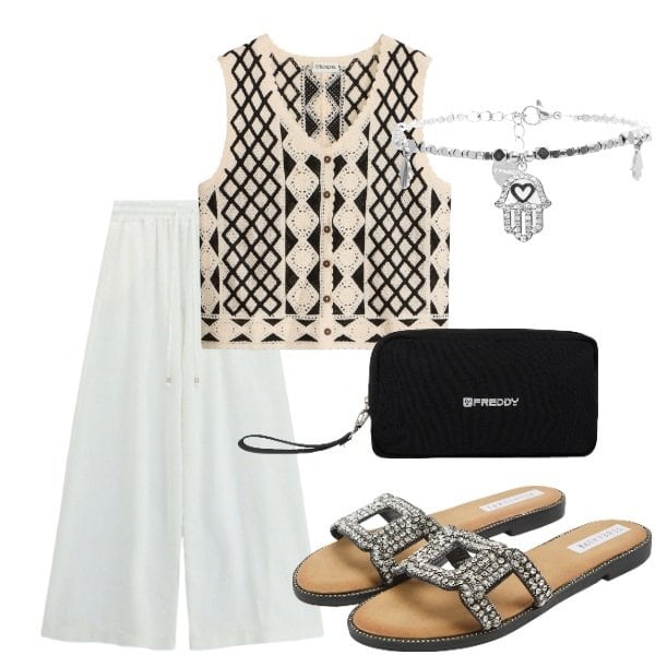 Outfit donna - Estate. Stile Casual per Tutti i giorni. Abbinamento con maglieria, ciabatte, pantaloni a palazzo, braccialetti, valigie.