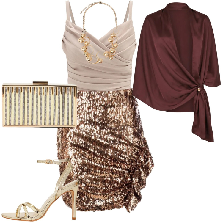 Outfit donna - Giorni di festa. Stile Sexy per Serata fuori. Abbinamento con sandali col tacco, collane, clutch, canottiere, stole, minigonne.