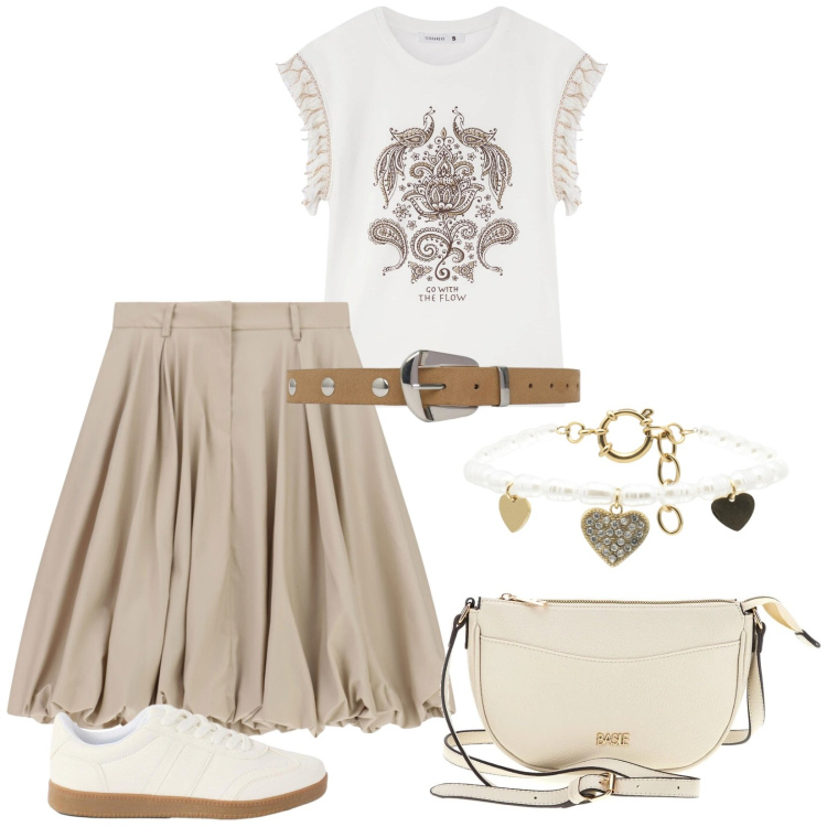 Outfit donna - La gonna a palloncino e le sneakers. Stile Urban per Tutti i giorni. Abbinamento con sneakers, t-shirt, cinture, gonne longuette, braccialetti, borse a tracolla.