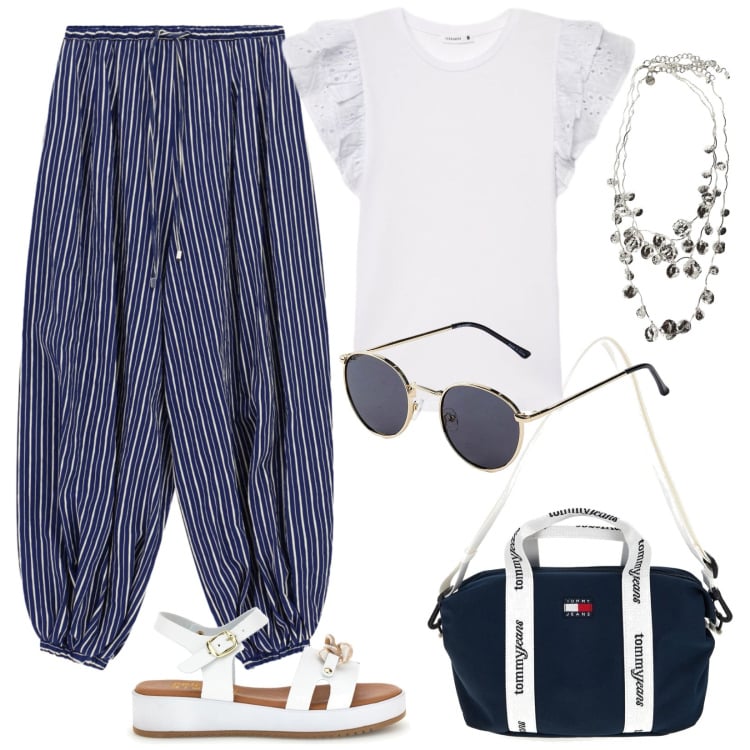 Outfit donna - Pantaloni a strisce, T-shirt coi volants. Stile Urban per Tutti i giorni. Abbinamento con occhiali da sole, t-shirt, pantaloni a palazzo, collane, shopping bag, sandali.