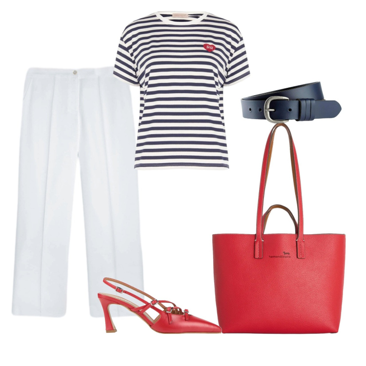 Outfit donna - Marinaro in città. Stile Basic per Tutti i giorni. Abbinamento con décolleté, cinture, shopping bag, t-shirt, pantaloni.