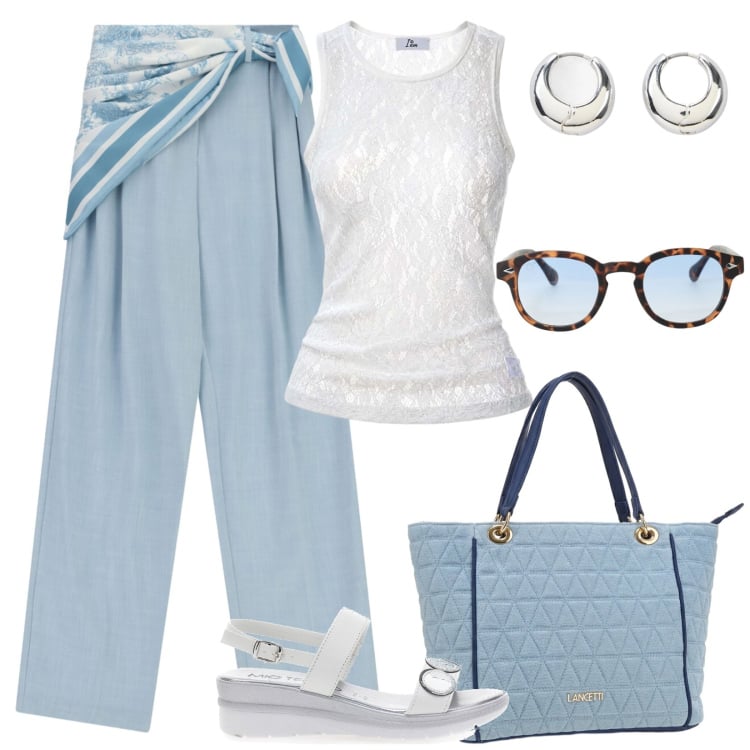 Outfit donna - I pantaloni con la cintura foulard. Stile Urban per Tutti i giorni. Abbinamento con orecchini, pantaloni a palazzo, occhiali da sole, top, borse a spalla, sandali.