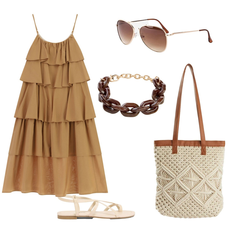 Outfit donna - Partenza per il mare. Stile Boho per Mare. Abbinamento con sandali, occhiali da sole, shopping bag, braccialetti, vestiti lunghi.