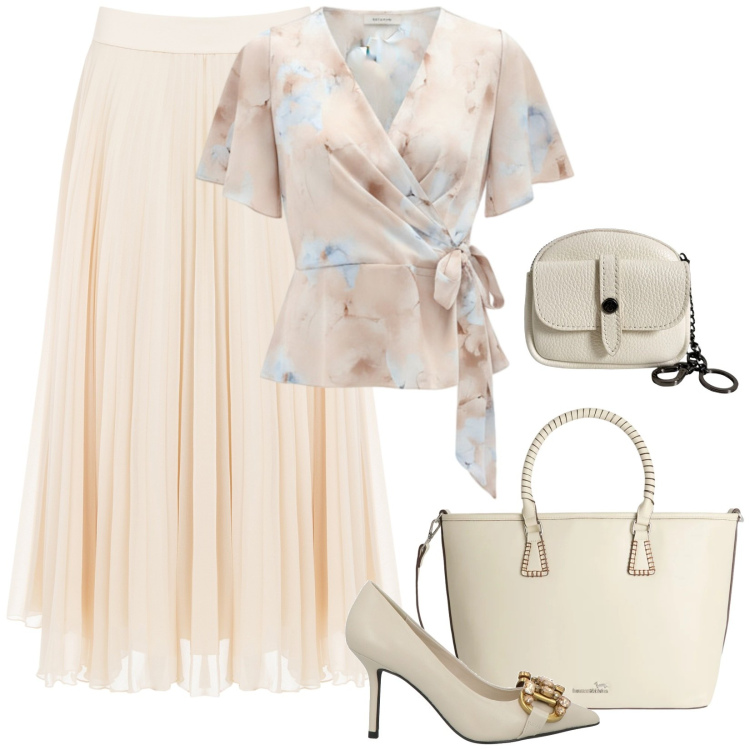 Outfit donna - La gonna in voile e la blusa a fiori. Stile Chic per Serata fuori. Abbinamento con décolleté, shopping bag, bluse, gonne longuette, portachiavi.
