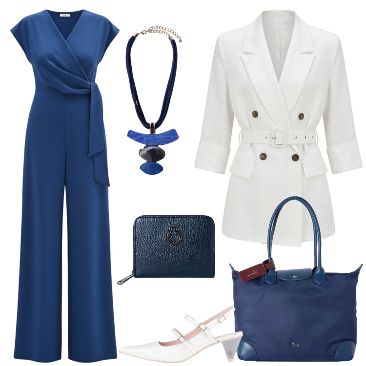 Outfit donna - L\'elegante tuta blu. Stile Chic per Serata fuori. Abbinamento con décolleté, shopping bag, tute, blazer, ciondoli, portafogli.