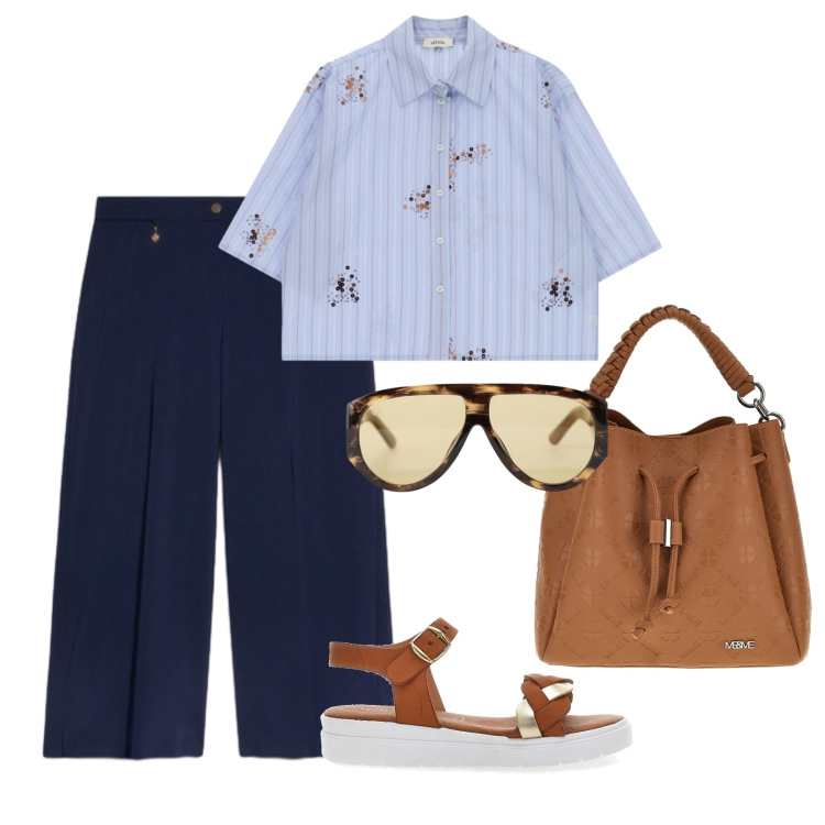Outfit donna - Metropolitano. Stile Casual per Tutti i giorni. Abbinamento con occhiali da sole, camicie a manica corta, pantaloni, sandali in pelle, borse a tracolla.