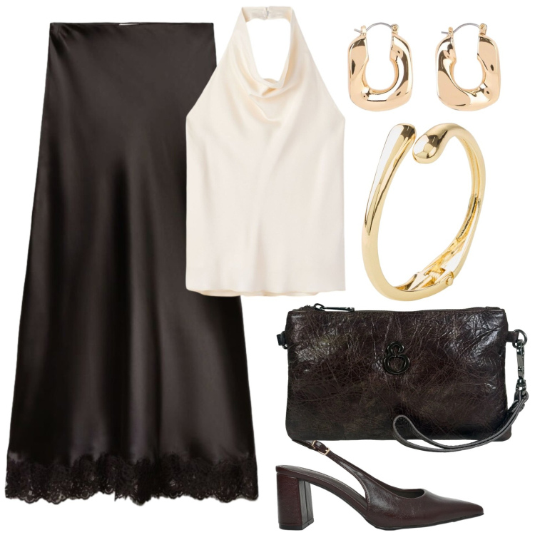 Outfit donna - Gonna di raso e top all\'americana. Stile Chic per Serata fuori. Abbinamento con braccialetti, orecchini, canottiere, gonne lunghe, décolleté, pochette.