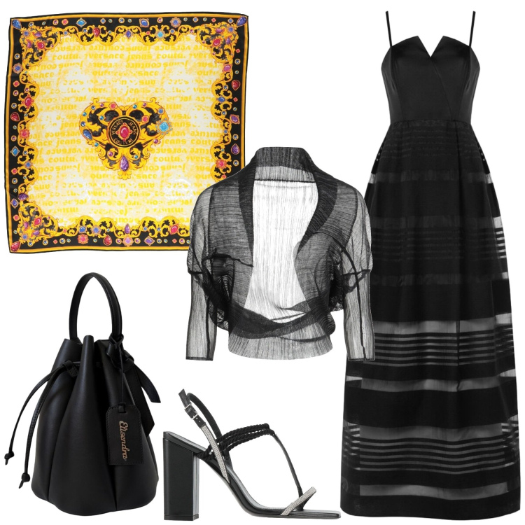 Outfit donna - L\'abito lungo nero ed il foulard giallo. Stile Glamour per Cerimonia. Abbinamento con blazer, sciarpe, infradito, vestiti lunghi, borse a secchiello.