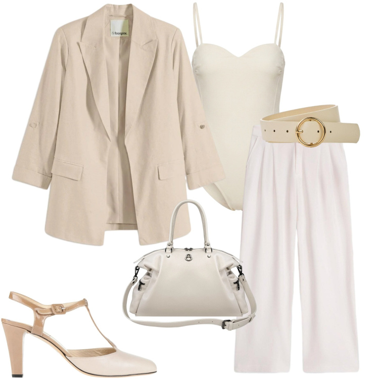 Outfit donna - Naturale in vacanza. Stile Casual chic per Serata fuori. Abbinamento con décolleté, blazer, pantaloni, cinture, shopping bag, body.