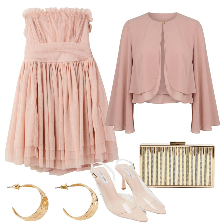 Outfit donna - L\'abito corto e la giacca tono su tono. Stile Glamour per Cerimonia. Abbinamento con orecchini, vestiti corti, sandali col tacco, clutch, blazer.