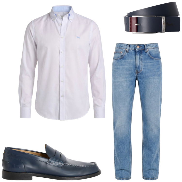 Outfit uomo - Sporty chic in ufficio. Stile Casual per Ufficio. Abbinamento con jeans, scarpe stringate, camicie, cinture.