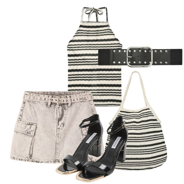 Outfit donna - Agosto. Stile Casual per Tutti i giorni. Abbinamento con sabot, minigonne, canottiere, shopping bag, cinture.