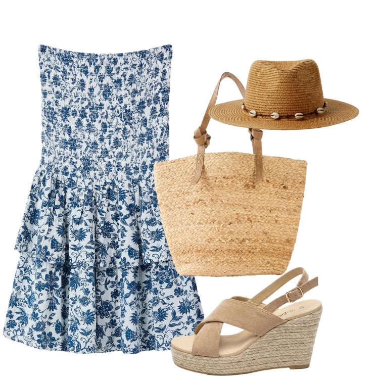 Outfit donna - Country mood. Stile Bon Ton per Tutti i giorni. Abbinamento con shopping bag, sandali col tacco, cappelli, vestiti corti.