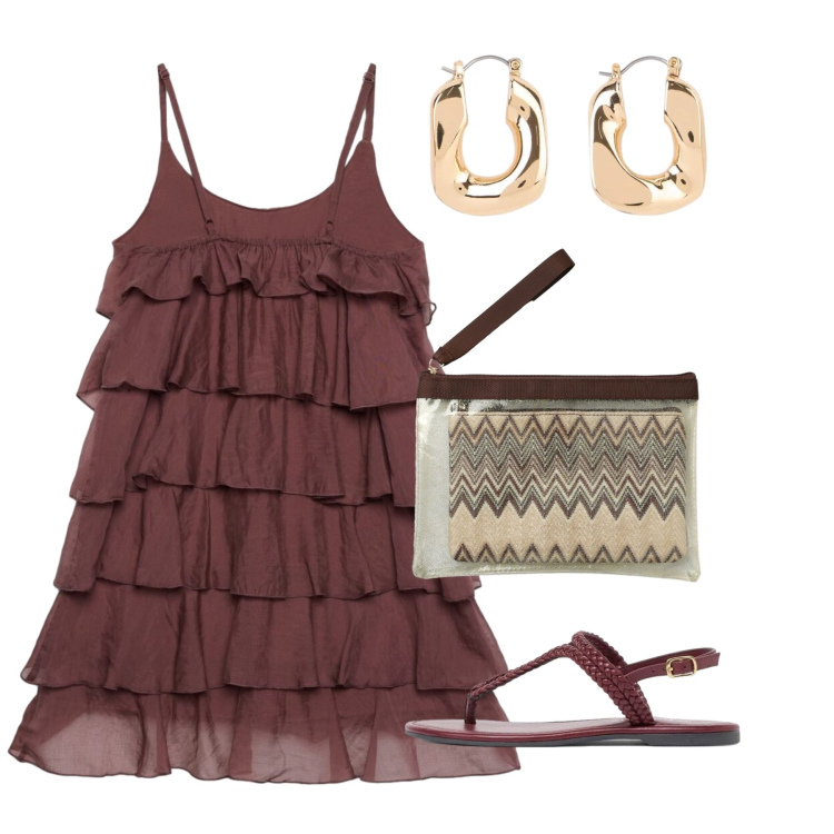 Outfit donna - Rouches su rouches. Stile Chic per Tutti i giorni. Abbinamento con ciabatte, orecchini, pochette, vestiti corti.