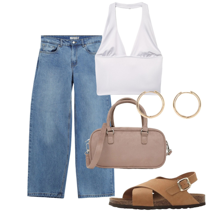 Outfit donna - Agosto. Stile Casual chic per Tutti i giorni. Abbinamento con orecchini, sandali in pelle, top, borse a tracolla, jeans.