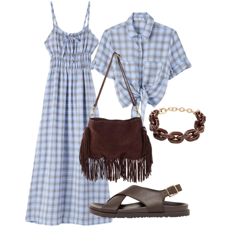 Outfit donna - Tartan estivo. Stile Bon Ton per Tutti i giorni. Abbinamento con sandali in pelle, borse a tracolla, braccialetti, vestiti lunghi, camicie a manica corta.